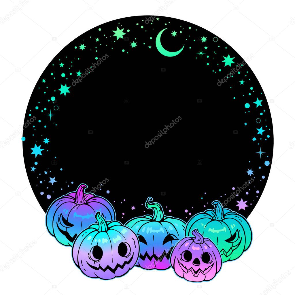 round frame with bright halloween pumpkins and stars