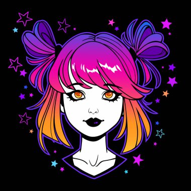 Parlak parlak saçı ve komik saç stili olan genç bir kızın portresi.