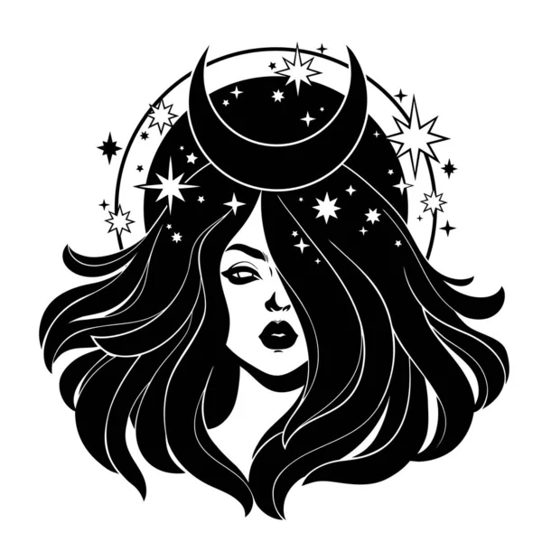 Όμορφο Κορίτσι Μακριά Μαλλιά Διακοσμημένο Αστέρια Και Φεγγάρι — Διανυσματικό Αρχείο