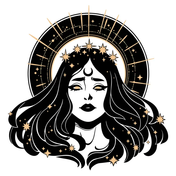 Krásná Tvář Žena Chvějícími Vlasy Zlaté Koruně Hvězd Svatozáří — Stockový vektor