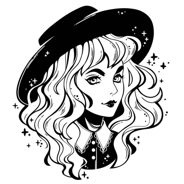 Portrait Cute Gothic Girl Hat Curly Hair — Stock Vector