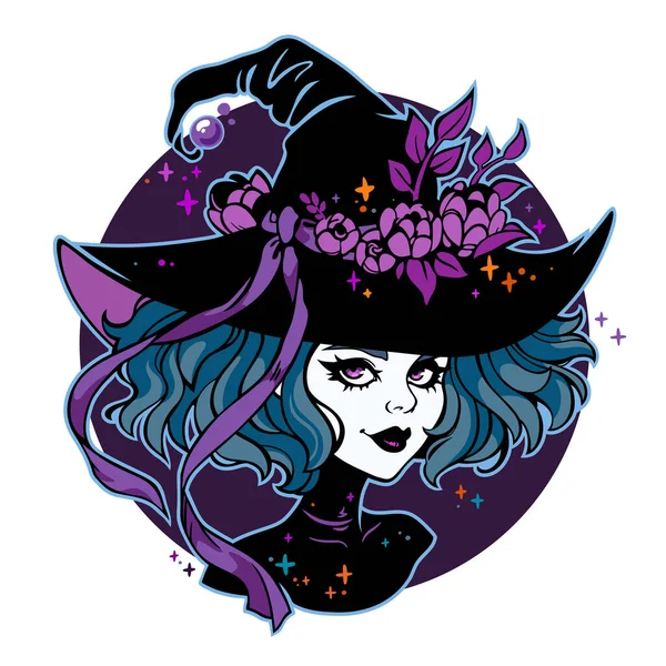 Çiçekli Şapka Takan Sevimli Gotik Cadı — Stok Vektör