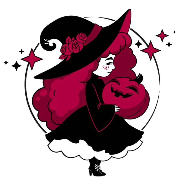 Милая Маленькая Ведьма Держит Тыкву Хэллоуин — стоковый вектор