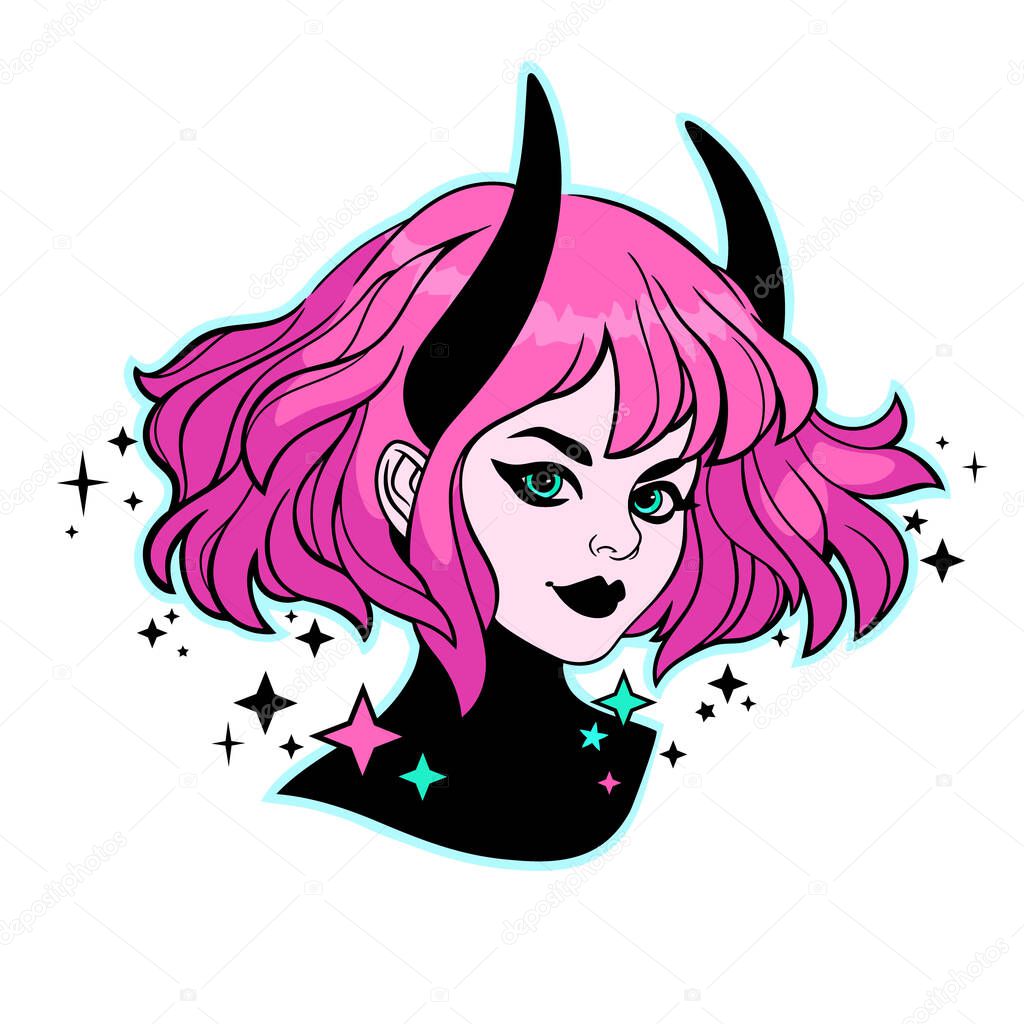 face of cute girl with colorful hair and horns