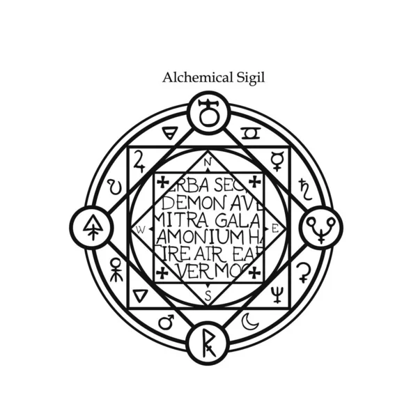 Magische Alchemische Zegel Met Letters Alchemische Symbolen — Stockvector