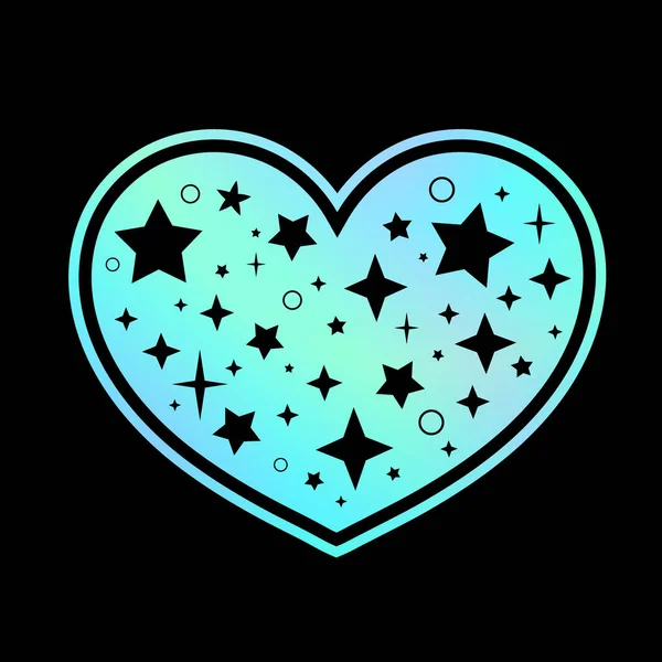 虹色のホログラフィックの輪郭で作られたハートシンボルは星で飾られています — ストックベクタ