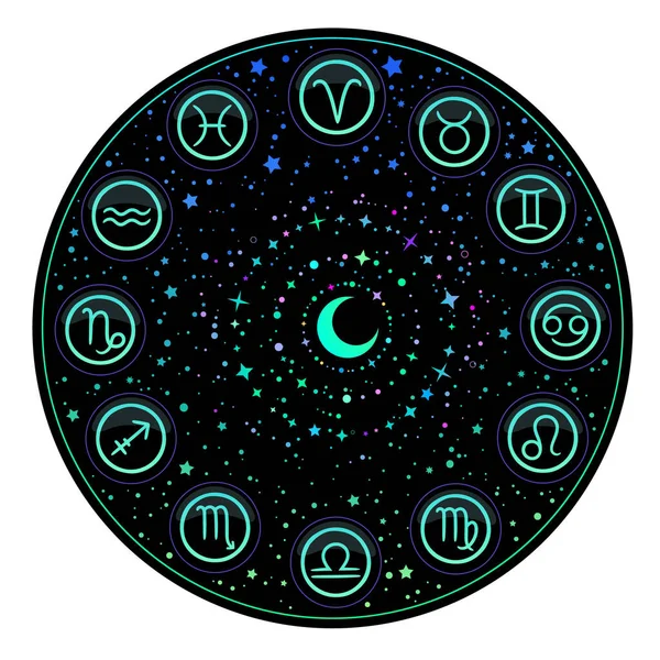 Luminoso Calendario Rotondo Segni Zodiacali — Vettoriale Stock