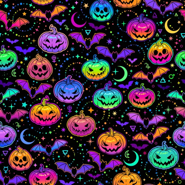 Zökkenőmentes Minta Fényes Többszínű Haloween Sütőtök Denevérek — Stock Vector