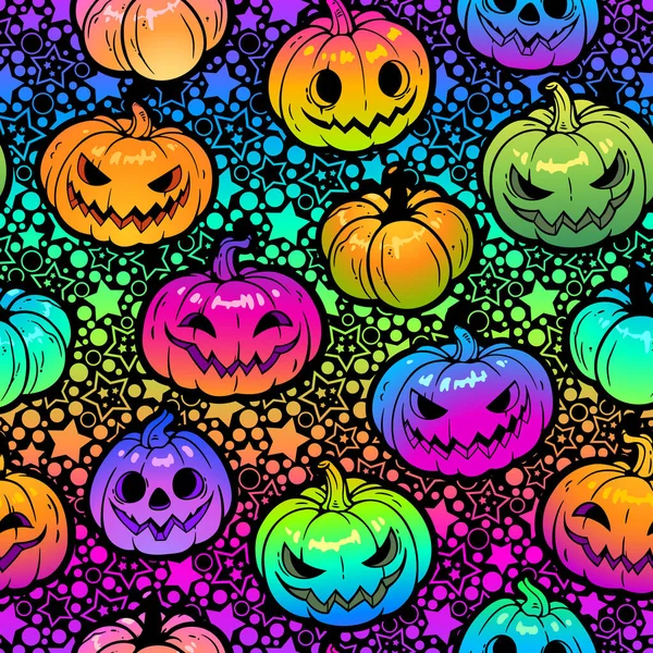 Fényes Szivárvány Halloween Minta Sütőtök Csillagok Háttér — Stock Vector