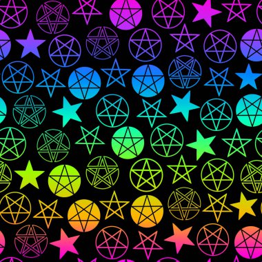 Siyah arkaplanda neon pentagramların kusursuz deseni