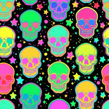 Siyah arka planda parlak psikedelik kafatasları