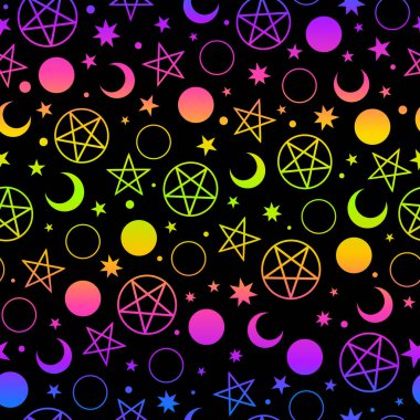Siyah arkaplanda neon pentagramların ve ayların kusursuz deseni