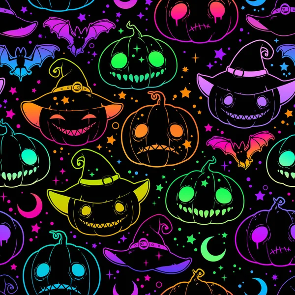 Seamless Pattern Bright Multicolored Haloween Pumpkins Flying Bats — Stock Vector