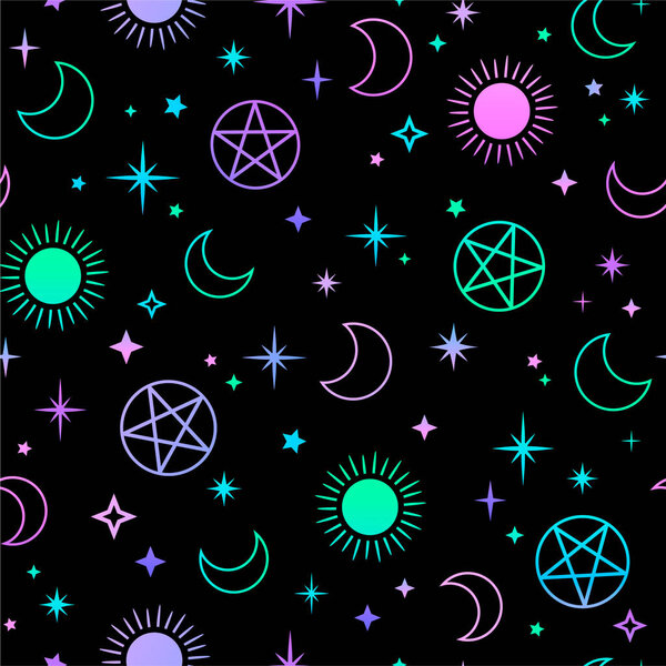 мистический эзотерический узор с солнцем, луной и магическими символами