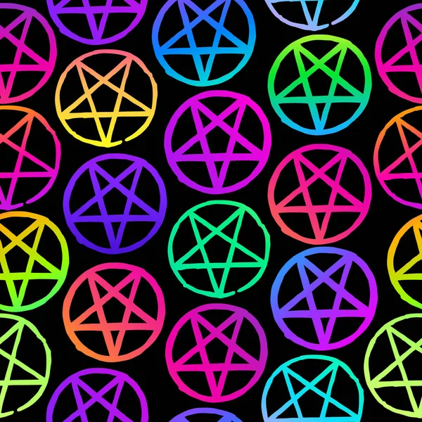 Hladký Vzor Neonových Pentagramů Černém Pozadí — Stockový vektor