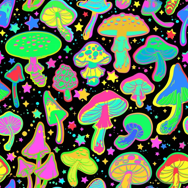 Bright Psychedelic Mushrooms Black Background — Stock Vector