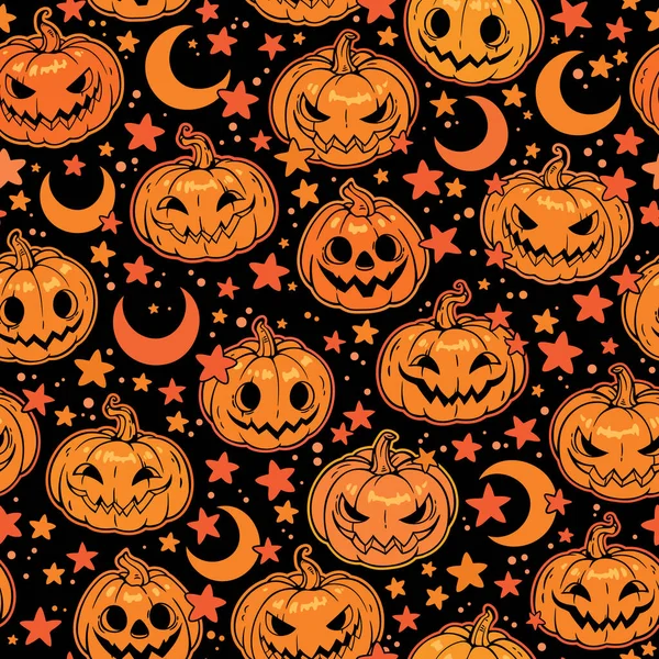 Seamless Pattern Bright Orange Haloween Pumpkins Moon — Wektor stockowy