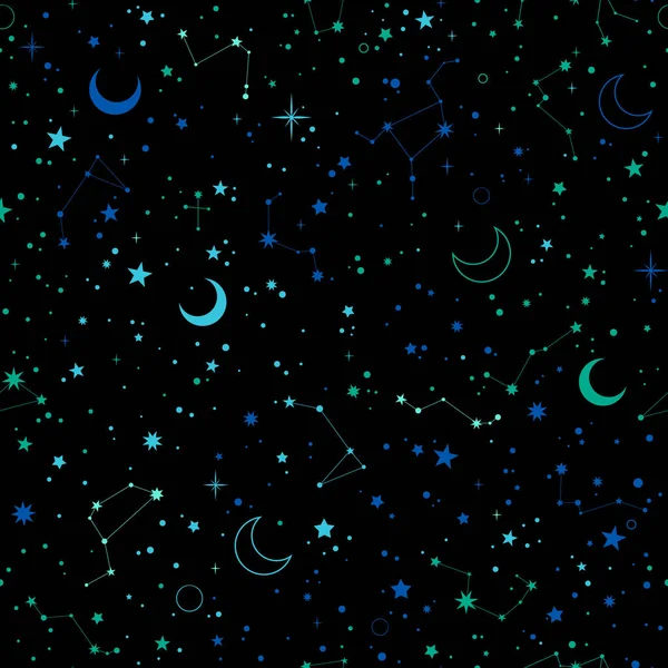 Ilustración Espacial Sin Fisuras Luna Estrellas Constelaciones — Archivo Imágenes Vectoriales
