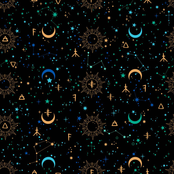 seamless pattern with alchemical signs and space