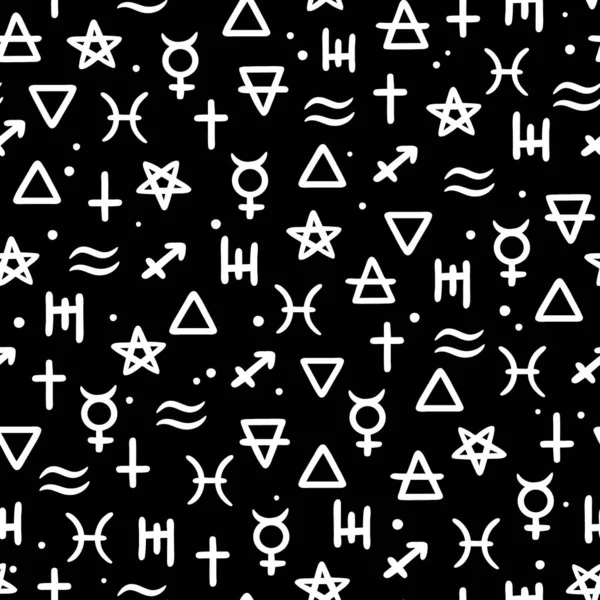 Seamless Pattern White Alchemical Signs Black Background — Stock vektor