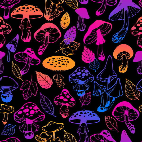 seamless illustration mushrooms and plant leaves