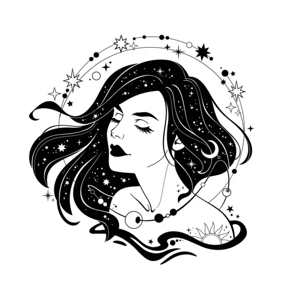 Krásná Dívka Dlouhými Vlasy Zdobené Hvězdami Měsícem — Stockový vektor