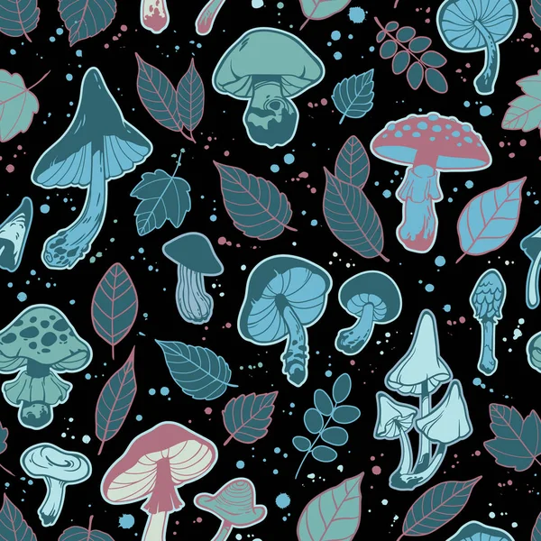 Illustration Sans Couture Champignons Feuilles Plantes — Image vectorielle