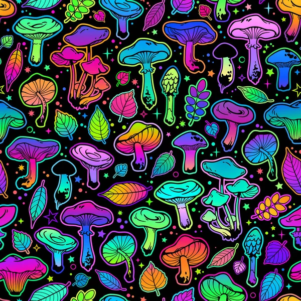 Illustration Sans Couture Avec Champignons Couleurs Psychédéliques Vives — Image vectorielle