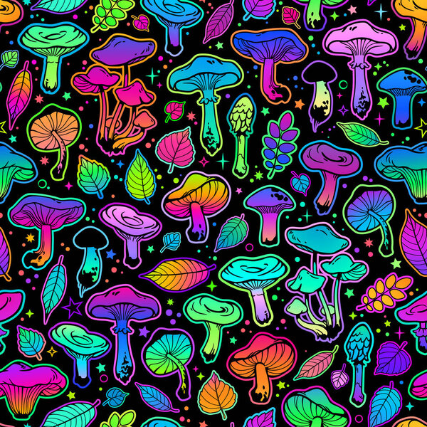 Seamless illustration with mushrooms, bright psychedelic colors