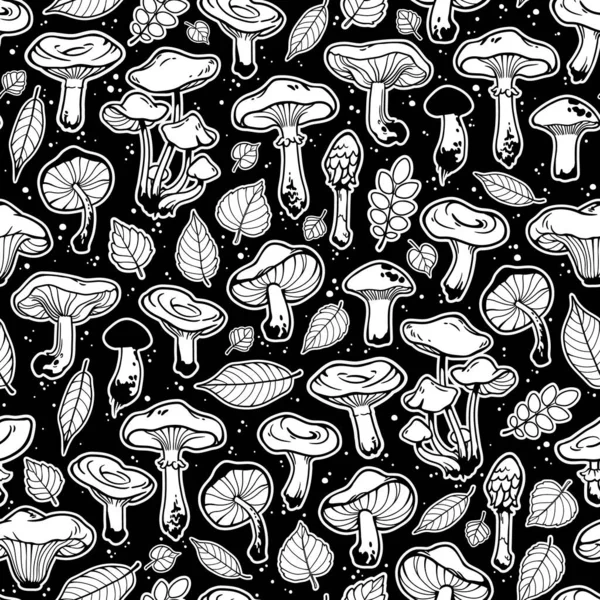 Illustration Sans Couture Représentant Motif Divers Champignons Feuilles Plantes — Image vectorielle