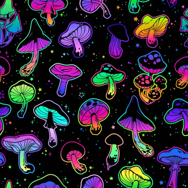 Nahtlose Illustration Mit Hellen Psychedelischen Pilzen — Stockvektor