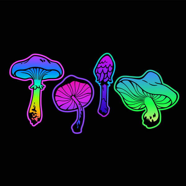 set of four bright colored mushrooms
