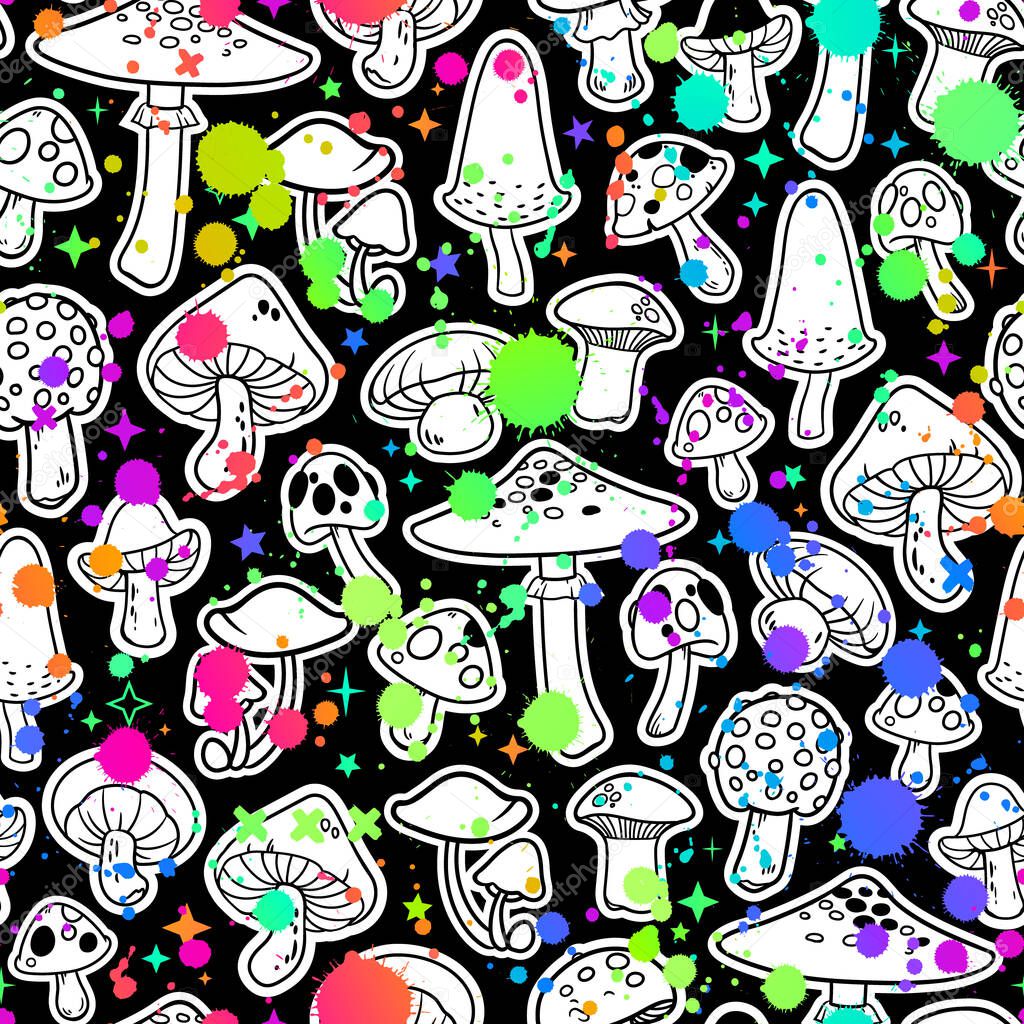 seamless illustration of various images of mushrooms and colorful paint spots