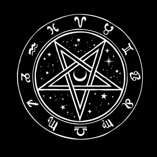 Pentagrammi Con Segni Mistici Dello Zodiaco — Vettoriale Stock
