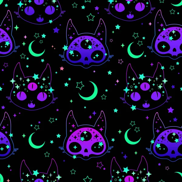 Ilustración Perfecta Cráneos Gato Brillante Neón — Vector de stock