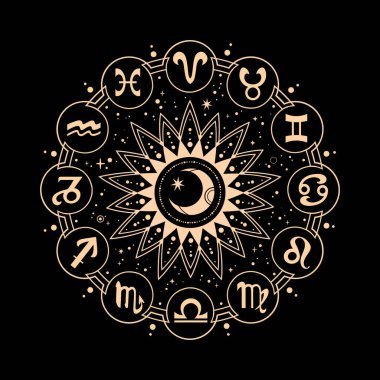 Zodyak işaretli altın yuvarlak takvim