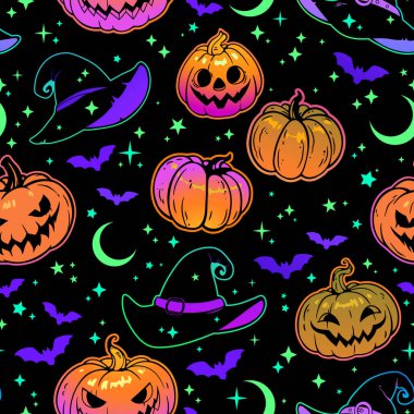 Kusursuz cadılar bayramı çizimi. Gülümseyen neşeli balkabakları ve cadı şapkaları.