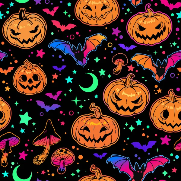 Patrón Sin Costura Brillantes Calabazas Murciélagos Haloween Multicolores — Vector de stock