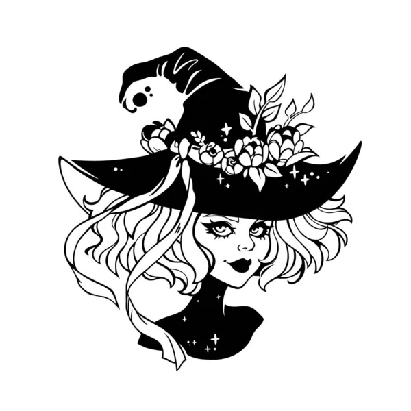 Cute Gothic Witch Wearing Hat Flowers — Stock Vector