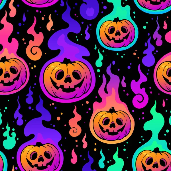 Bezszwowy Wzór Halloween Dynie Spalania Kolorowymi Płomieniami — Wektor stockowy