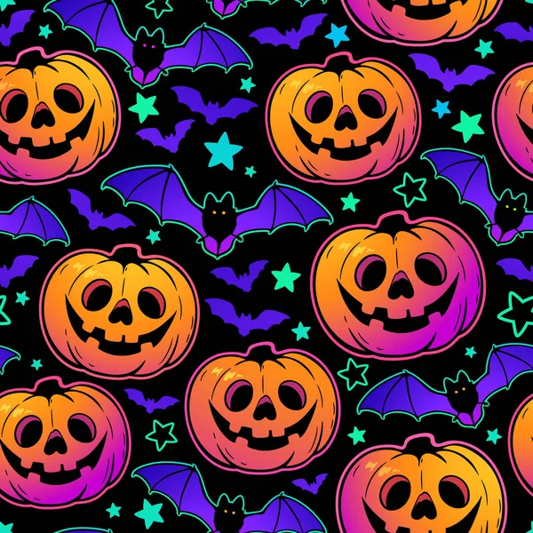 Patrón Sin Costura Brillantes Calabazas Murciélagos Haloween Multicolores — Vector de stock