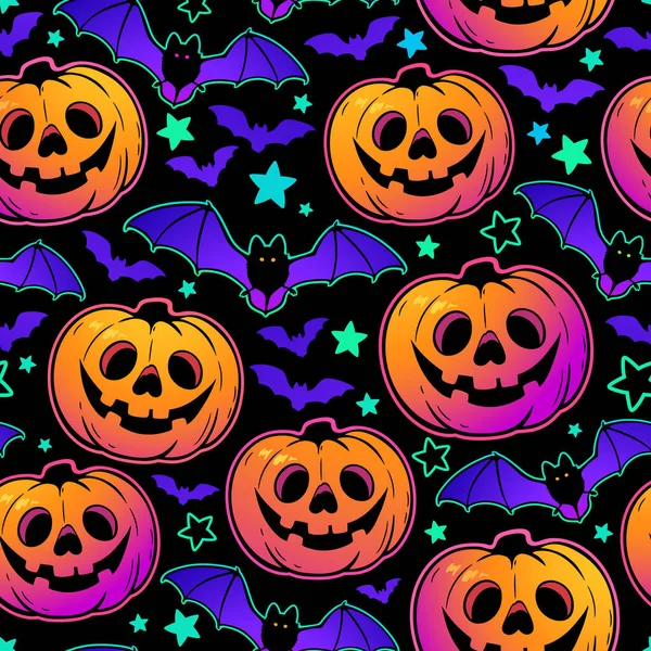 Seamless Pattern Bright Multicolored Haloween Pumpkins Bats — Stock Vector