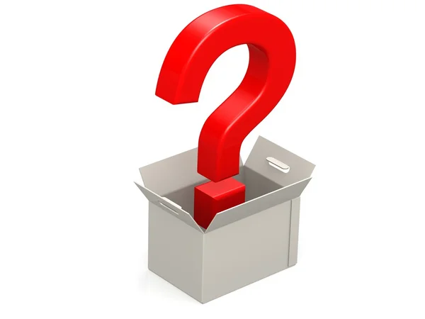 Ponto de interrogação vermelho com caixa de embalagem — Fotografia de Stock