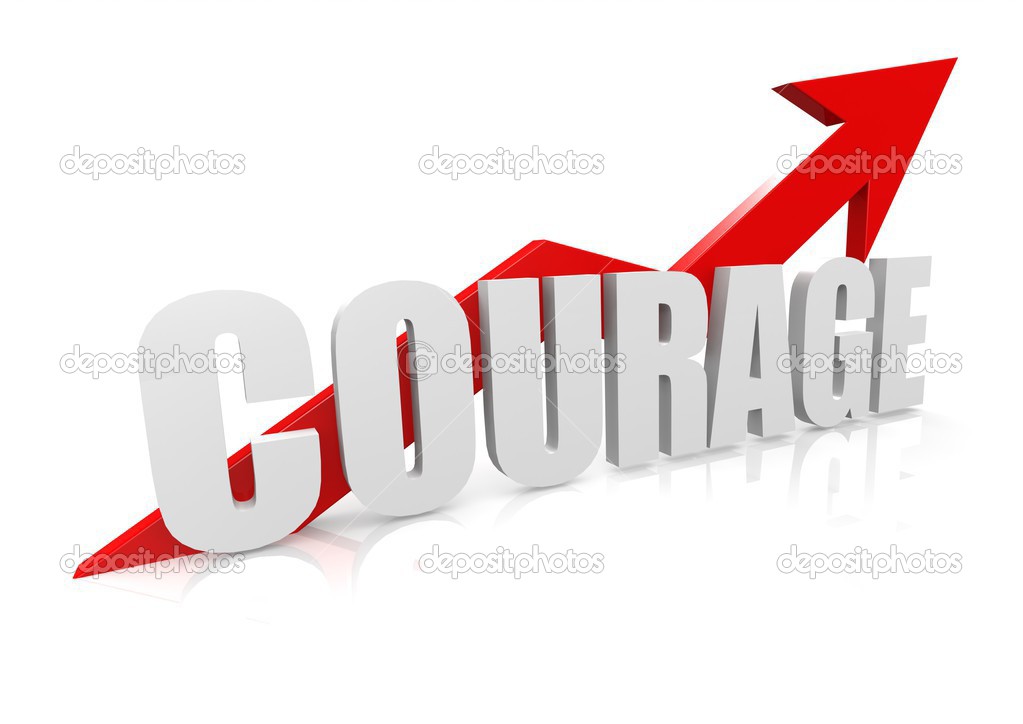 Courage with upward red arrow