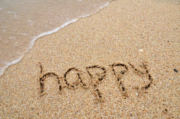 Счастливое слово написано на песчаном пляже — стоковое фото