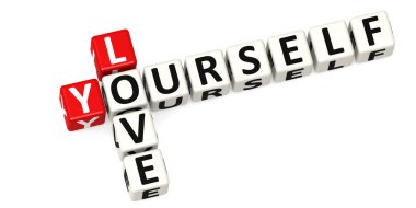 Kendinizi sevin. Beyaz arkaplanda izole edilmiş üç boyutlu parola.