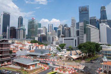 Çin Mahallesi 'nde kırmızı çatılar ve mavi gökyüzüne karşı Merkez İş Bölgesi