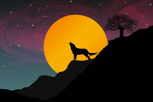 Wolf howls at full moon, 3d rendering