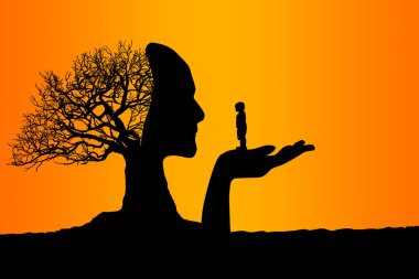 İnsan kafası olan ağaç bir çocuğu tutuyor, 3 boyutlu.