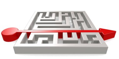 Labirent boyunca kırmızı ok izole edilmiş, üç boyutlu.